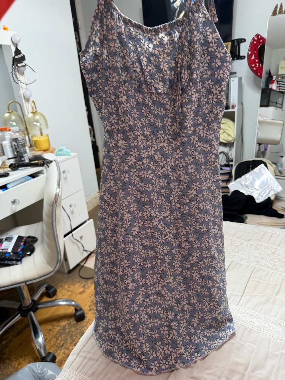 SHEIN Blue Midi Slip Dress with Blush Floral Print